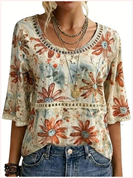 Tops - Vintage Floral Print Hollow-Out Lace Blouse Boho Top